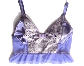 Ruffles bra, frilly bralette "Martini" , lavaner lace and satin, lila lingerie, no wire, lined cups, longline softbra, women lingerie
