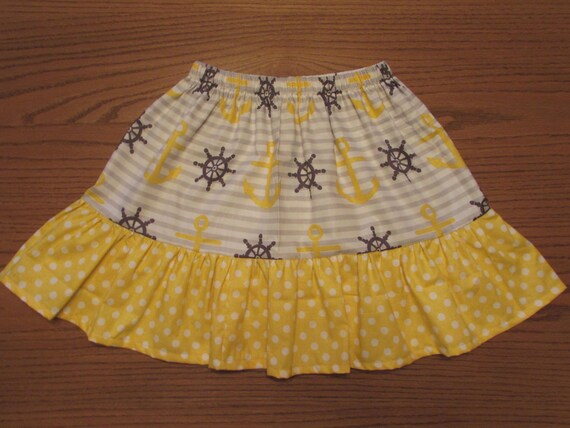 Nautical skirt/girls skirt/toddler skirt/anchor skirt/yellow and gray skirt/cotton skirt/ruffle skirt/girls skirt