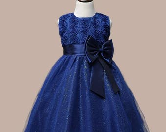 Navy Flower Girl Dress Lace Bow Wedding Bridal Children Toddler Communion D1-S-N