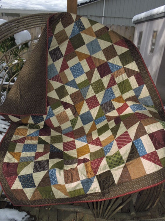 Large Patchwork Quilt in Burgundy Green Gold Brown Blue