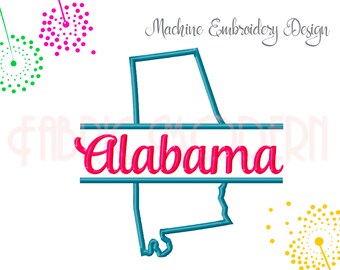 Alabama Map split frame Embroidery Design, applique' Includes each size with and without "Alabama" name