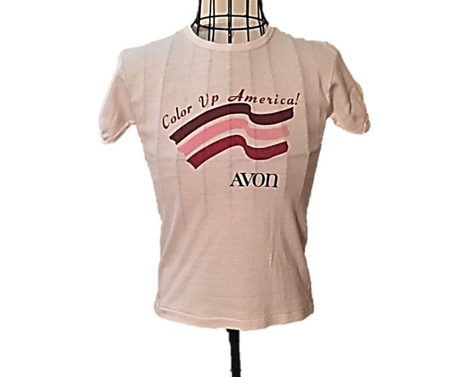 Vintage Avon Tee Shirt Short Sleeve Cotton T Tee Shirt Size S - 1980's Advertising Avon "Cover Up America!" - Gift for Her,