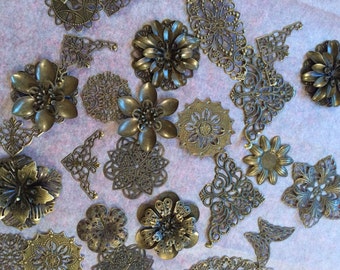 20 Bronze Metal Embellishments, filigree findings, embellishment, jewellery supplies, craft supplies, metal flowers, mixed media