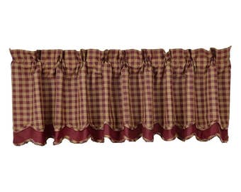 Burgundy & Tan Checked Valance with Burgundy Trim Along Scalloped Edge 16"x 72"