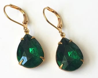 Emerald Rhinestone Earrings Emerald Green Teardrop Earrings Wedding Jewelry Bridesmaids Jewelry Green and Gold Drop Earrings Green Earrings