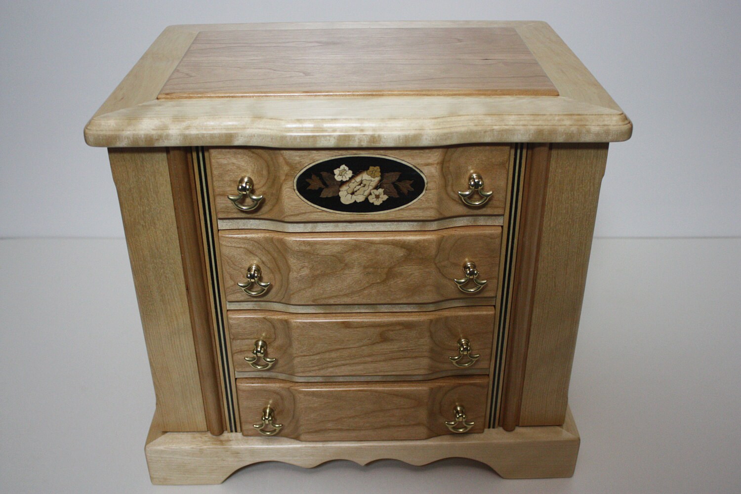 Handmade Birch and Cherry Wood Box with Necklace Hooks For Sale