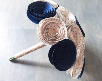 Paper Flower Bouquet - Wedding Bouquet Alternative - Wedding Bouquet - Paper Bridal Bouquet - Paper Flowers - Book Page - Navy Blue