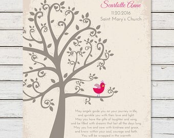 PERSONALIZED BAPTISM GIFT, Baby Girl Baptism Wall Art, Custom Baptism Art Print, Baptism Tree Wall Art, Christening Dedication Gift
