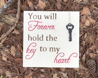 Wood love sign, Valentines Day decor, love sign, nursery decor, wedding sign, skeleton key, you forever hold the key to my heart,