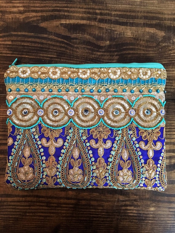Blue and Gold Clutch. Embellished Purse.