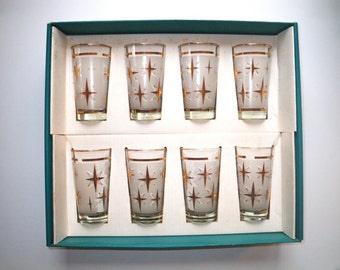 Mid Century Dominion Glass Atomic Starburst Glasses, Set of 8, Near mint to Mint Condition, In The Original Box FREE SHIPPING