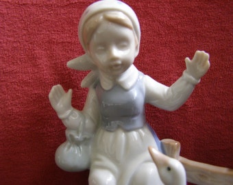 Vintage Porcelain Child with Goose Figurine / Statue 1970s