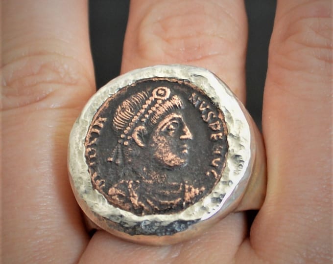 Rustic Silver Roman Coin Ring, Custom Made Coin Ring, Greek Coin Ring, Gift For Man, Heavy Silver Ring, Statement Ring, Large Hammered Ring