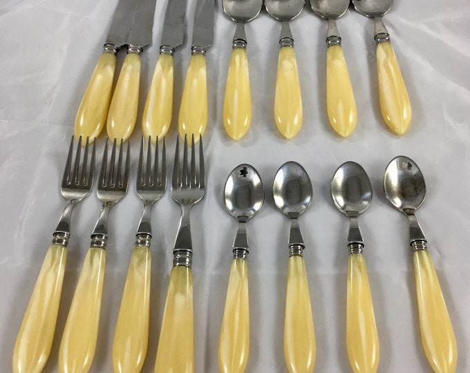 Storewide 25% Off SALE Vintage Jean Dubost French Professional Coutelier Stainless Steel Pearlized Flatware Featuring Fuseau Corne Blonde Ha