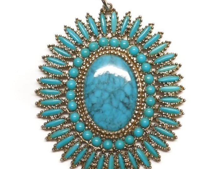 Storewide 25% Off SALE Vintage Southwestern Petite Point Faux Turquoise Designer Pendant Featuring Highly Detailed Oversized Design