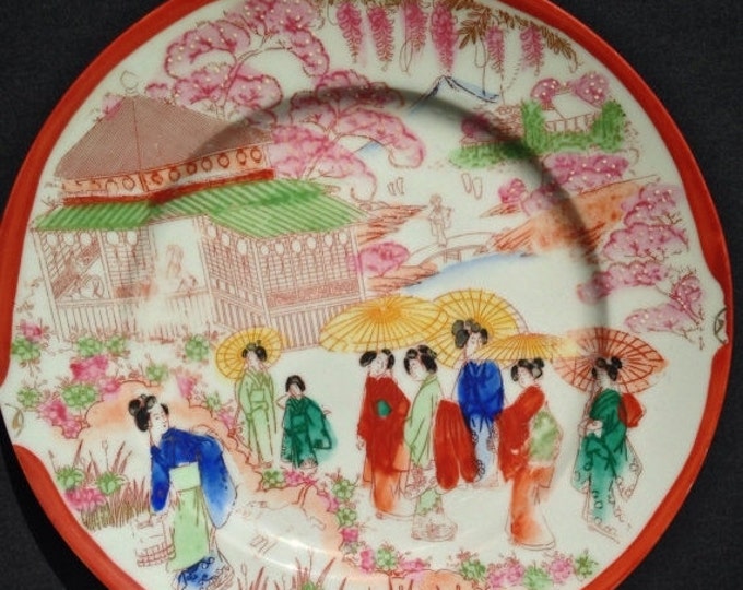 Storewide 25% Off SALE Vintage Asian Inspired Collectable Decorative Plate Featuring Lovely Raised Detail Hand Painting of Royal Palace Red