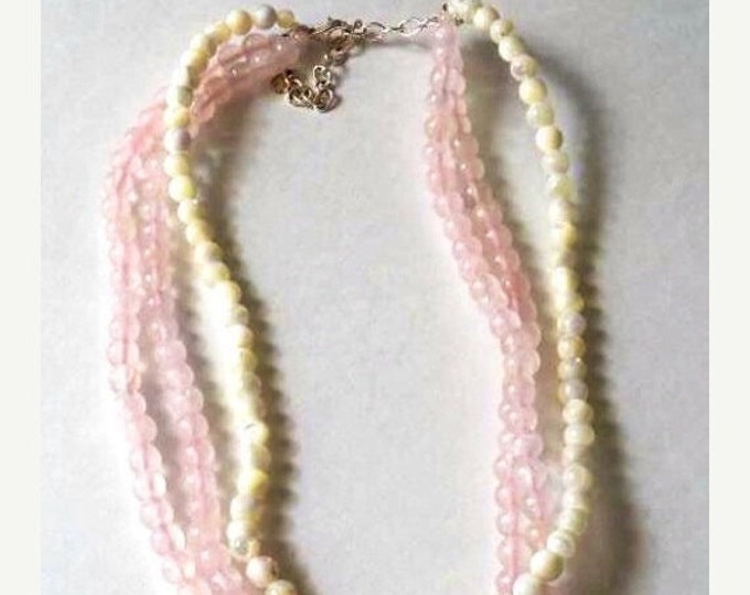 Storewide 25% Off SALE Lovely Vintage Sterling Silver (.925) Three Strand Light Rose and Cream Colored Glass Beaded Necklace