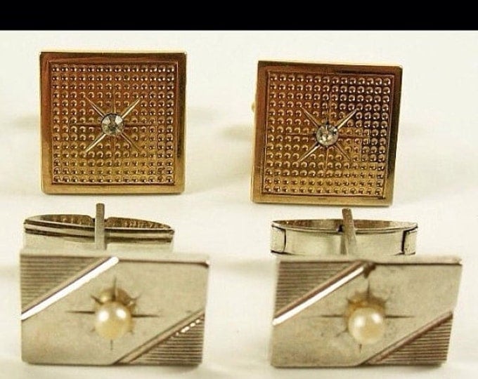 Storewide 25% Off SALE Vintage Pair Gentleman's Gold Tone Designer Cufflinks Featuring Pearl And Diamond Rhinestone Mid Century Design & Sty