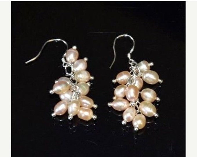 Storewide 25% Off SALE Vintage Genuine Pink Akoya Pearl Chandelier Drop Earrings Set In Sterling Silver Featuring Beautiful Cluster Design