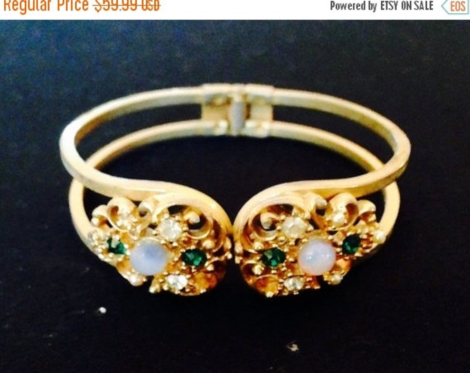 Storewide 25% Off SALE Vintage Clamper Cuff Style Gold Tone Designer Bracelet Featuring Rainbow Assorted Colored Stones With Rosette Style D