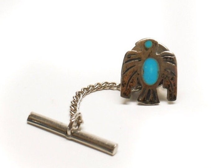 Storewide 25% Off SALE Vintage Silver Southwestern Inlaid Turquoise Tribal Firebird Tie Tac Featuring Native American Style Design