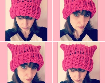 Handmade Crocheted Pink Pussycat Hat Sizes Toddler -Adult/ Kitten Hat/ Cat Hat/ Pink Pussyhat/Pussyhat Project/ Womens Rights Hat
