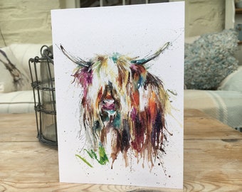Nosey Highland Cow Art blank Watercolour print card designed by artist Nicola Jane Rowles . Watercolour animal prints