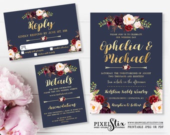Printable Wedding Invitation, Navy Blue and Gold Foil, Dark Rustic Flowers, Floral Wedding Invite, Burgundy, Marsala, Rose and Peony
