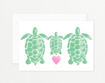 Turtle Family Greeting Card: "WATERCOLOR TURTLE FAMILY" with Pink Heart Printable Card for New Baby, Baby Shower, New Mother Postcard