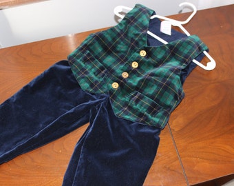 Boy Christmas outfit 24 month, 2t velvet, velveteen vest and pants navy blue, green, gold, red plaid vintage suit