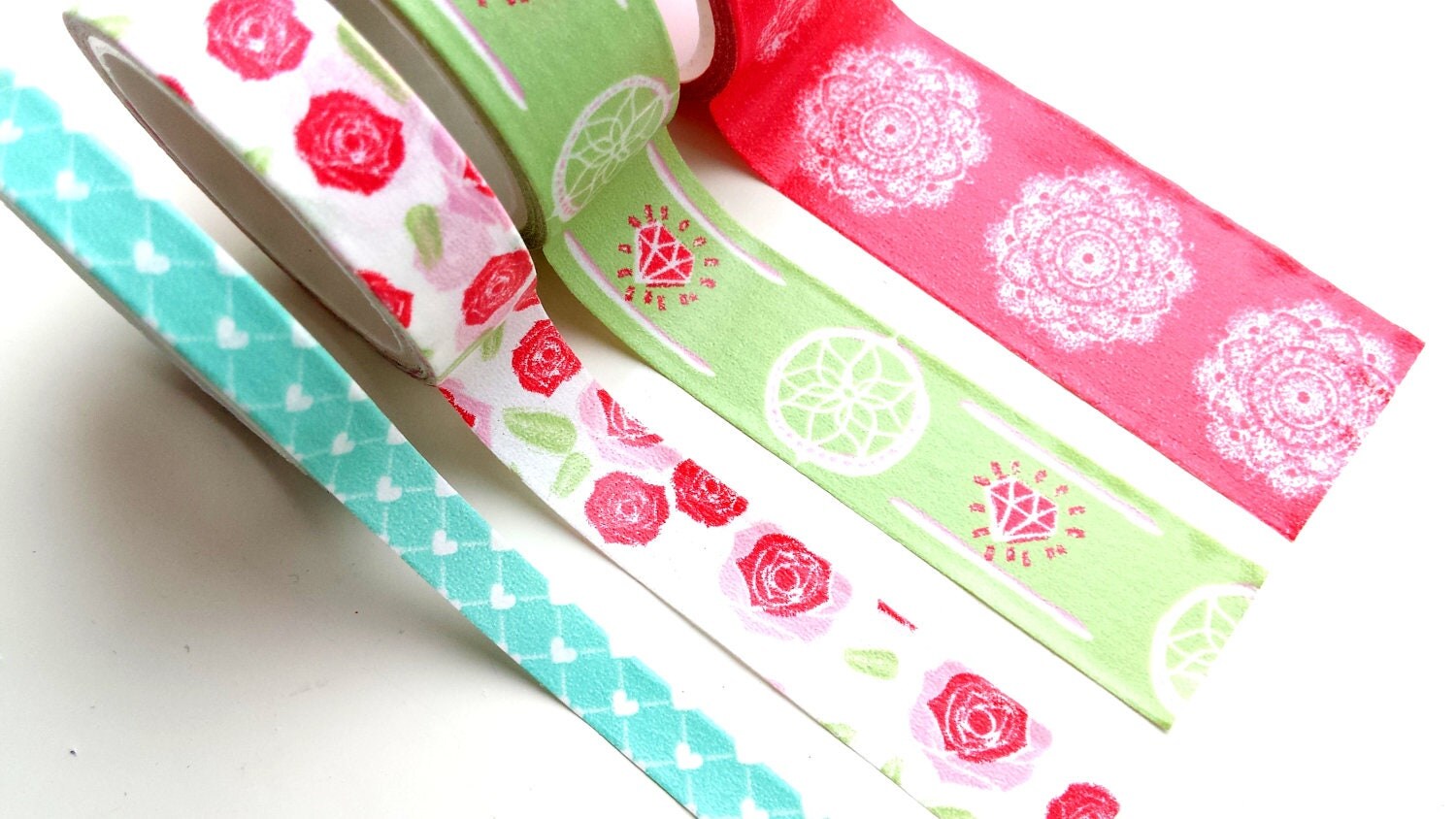 Set of 4 patterned washi tapes flowers hearts diamonds from