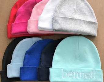 Personalized Baby Hat - Hot Pink, Light Pink, Light Blue, White, Red, Mint, Heather Gray, Charcoal Gray, Black, Navy, Royal Blue