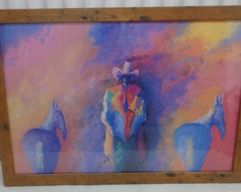 Large Colorful Impressionist/Cowboy/ Two Horses/Signed Print