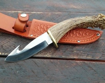 Antler Handle Hunting Knife w/ Gut-Hook