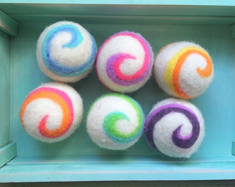 Ovella Wool Dryer Balls: The Crema Swirl Collection Set of Six (6) rainbow, bright, swirls, colorful, pretty, pink, purple, teal, yellow
