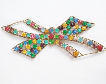 Vintage Art Deco Flapper Dress Trim 1920's Rhinestone Bow. Antique Dress Decoration. Deco Rainbow Paste Sew On Hat Trim.