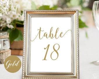 Printable Wedding Table Numbers, Gold Table Numbers 1-40, Two Sizes included 5"x7" and 4"x6", INSTANT DOWNLOAD, Modern Calligraphy VW10GOLD