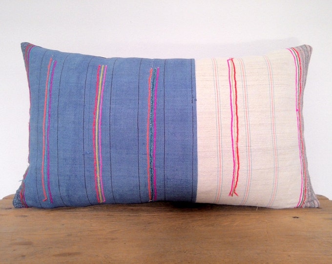 12"x 20" Blue & White with Neon Stripes Ethnic Hmong Hand Woven Lumbar Pillow Cover, Vintage Hill Tribal Textile Pillow Case