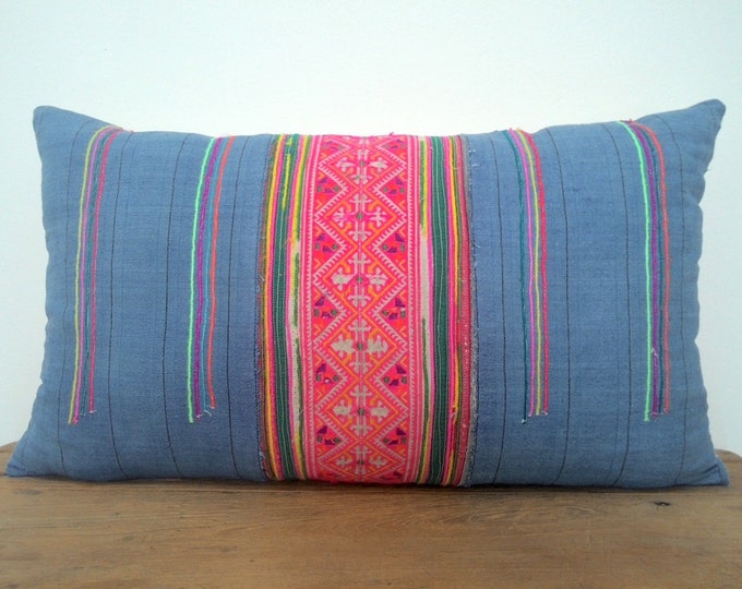 Neon Stripes Ethnic Hand Woven Cotton and Vintage Cross-Stitch Embroidery Pillow Cover, Unique Handmade Vintage Hmong Textile Pillow Cover