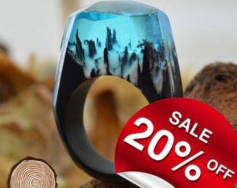 Snow Falling (Blue) ( Handmade Wooden Resin Ring. Wood Resin Ring. Wood jewelry. with Magnificent Tiny Fantasy Landscape )