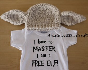 Dobby Inspired Hat and Shirt- Crochet Hat/Beanie - Heat Transfer Vinyl Shirt - Baby Shower - Photo Prop - Halloween Costume - Harry Potter