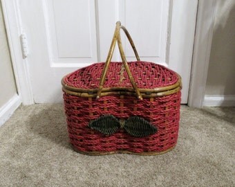 Vintage Pink, Strawberry-shaped, Wicker, Picnic Basket
