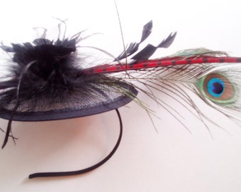 Black chic fascinator special occasions sinamay with peacock feathers chapeau bibi headpiece, tea party british hat church hat cocktail hat