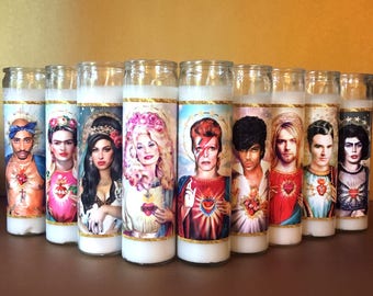 Parody - Prayer Candle - Dirty Lola - Saint Bowie - Saint Dolly - Saint Frida Kahlo - Saint Kurt - Saint Amy - Saint Morrissey - Fan Art