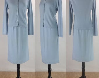 1960's Jantzen Baby Blue Wool Cashmere Knit Cardigan Sweater Set with Matching Belt | Size Medium