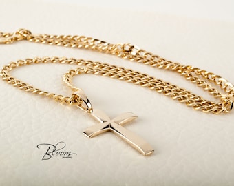 Mens Cross Necklace 14K Solid Gold Cross and Curb Chain Cross Necklace for Men Gold Cross with Chain Necklace for Men Cross Necklace