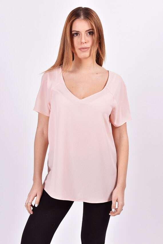 Peach blouse Shirt Loose Oversized top v neck shirt women