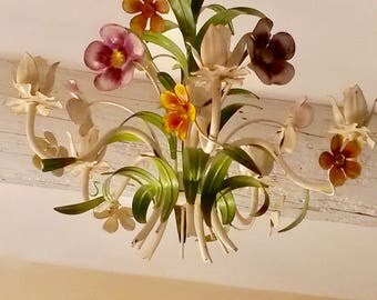 Floral Ceiling Light, Metal Chandelier, French, Floral Chandelier, Decorative Lighting, Kitsch Lighting, 1980s Ceiling Lights