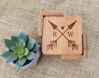 Arrow & Heart with Initials Coasters, Set of 6, Bamboo, Laser Engraved, Custom, Personalized, Wedding Coasters, Valentine's Day, Anniversary