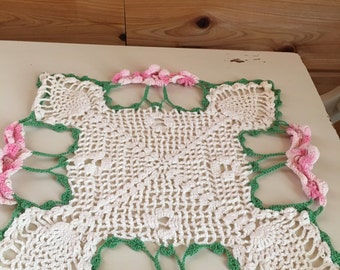 Antique Lace Dolly - Square with Pink Flowers, Farmhouse Decor, Mother's Day Gift